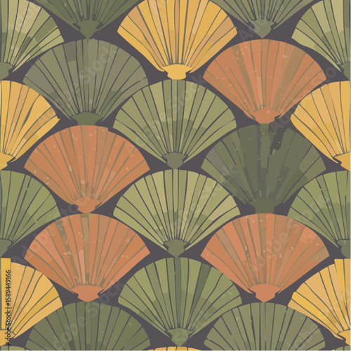 seamless vector pattern of retro fan-shaped petals in muted olive green