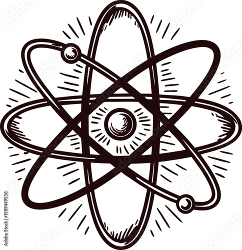 Retro science atom model with orbiting electrons and nucleus illustration in vintage hand drawn