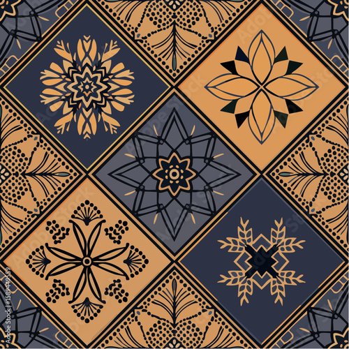 seamless vector pattern of floral vine borders forming interlocking squares in midnight blue