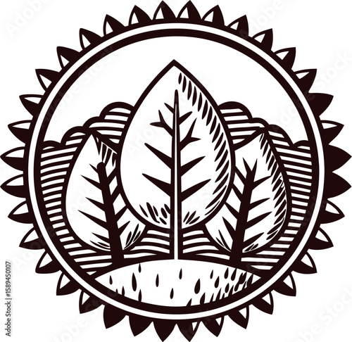 Hand drawn emblem with three stylized leaves and sunburst border, nature inspired vintage line illustration