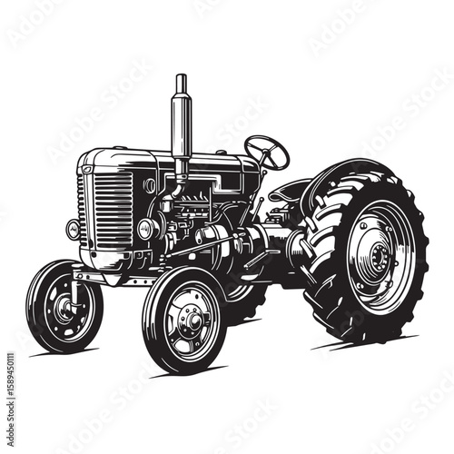 Vintage farm tractor black and white illustration on a white background depicting agricultural machinery