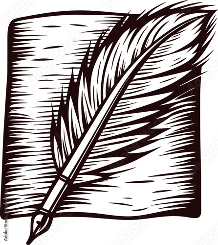 Vintage quill pen and parchment illustration with classic hand drawn etching lines and textured feather detail