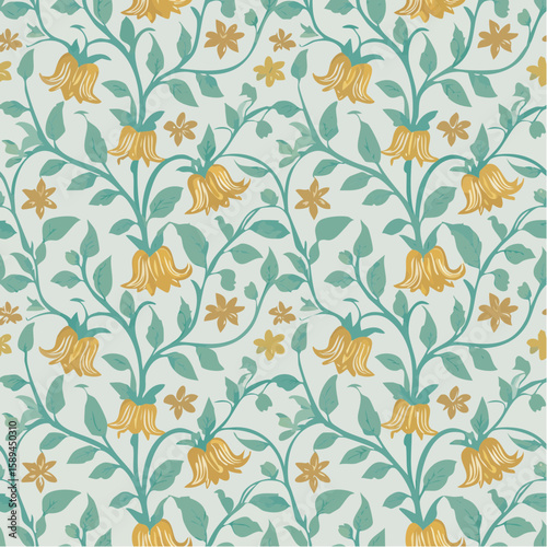 seamless vector pattern of ornamental vines and bell flowers in soft teal tones