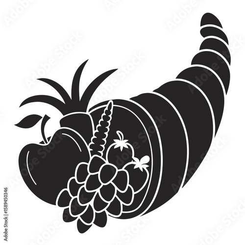 Black and white illustration of a cornucopia filled with harvest fruits and grapes