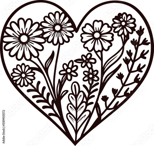 Hand drawn heart shape filled with wildflowers and leaves, botanical line art illustration on white background