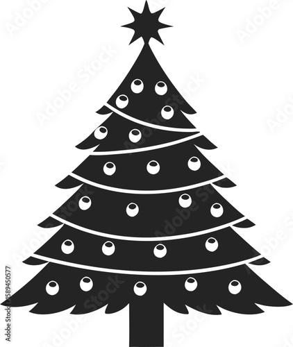 Elegant black christmas tree silhouette with decorative ornaments vector design