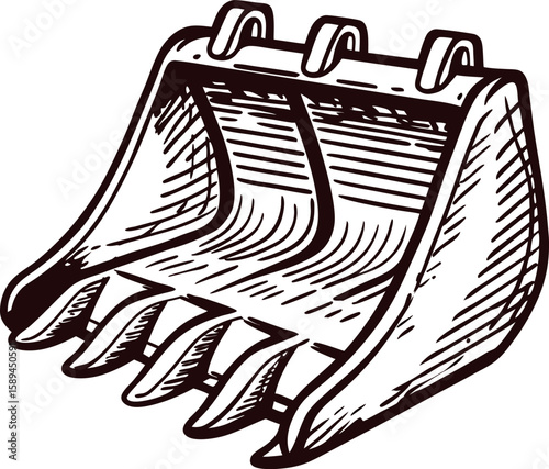 Hand drawn illustration of an excavator bucket with teeth in vintage engraved sketch