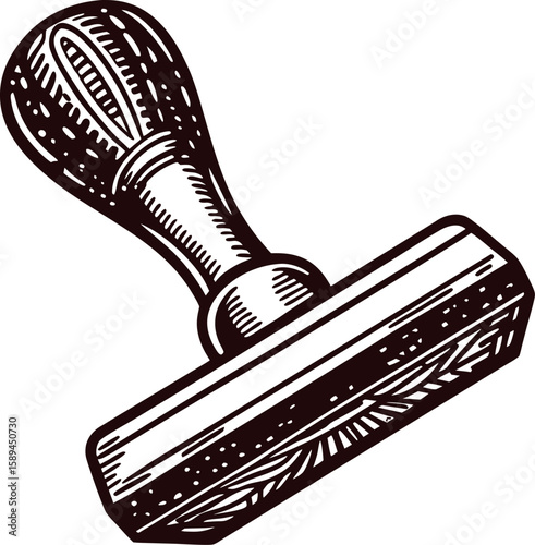 Vintage engraved illustration of a wooden rubber stamp with handle isolated on white background