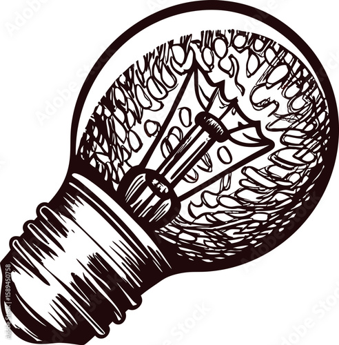 Vintage engraved illustration of a classic incandescent light bulb with detailed filament and glass texture