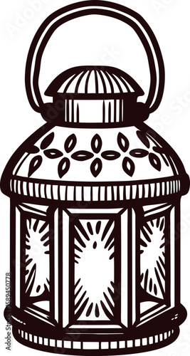 Hand drawn vintage metal lantern with decorative pattern and handle black and white illustration