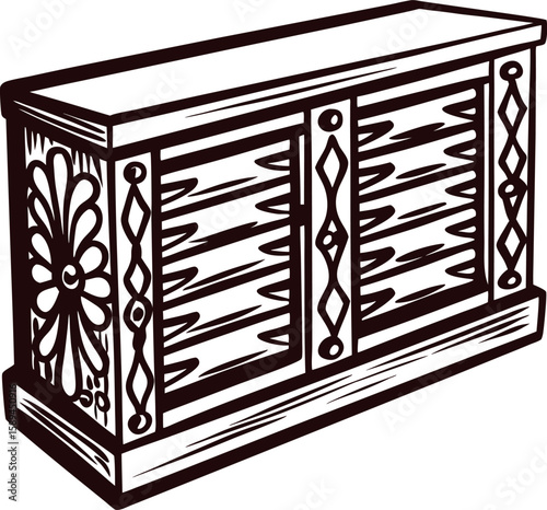 Vintage hand drawn wooden cabinet with ornate carved doors and geometric floral patterns illustration