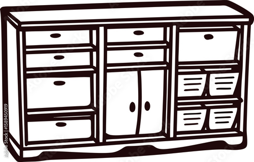 Hand drawn wooden storage cabinet with drawers and doors isolated on white background illustration