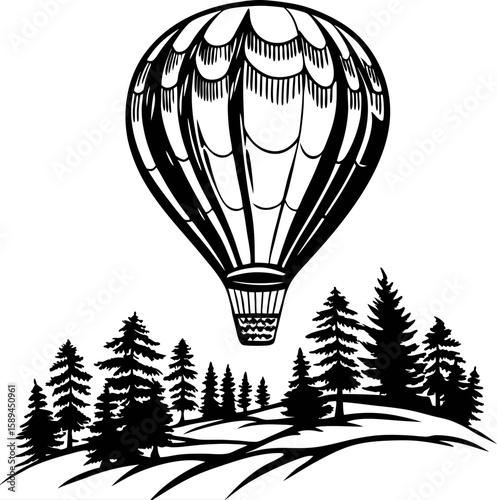 Hot air balloon ascending over pine forest hill in vintage black and white illustration