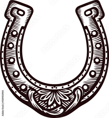 Vintage hand drawn horseshoe with ornate floral decoration monochrome engraving illustration