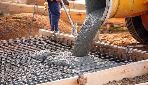 fresh concrete pouring from mixer into foundation mold