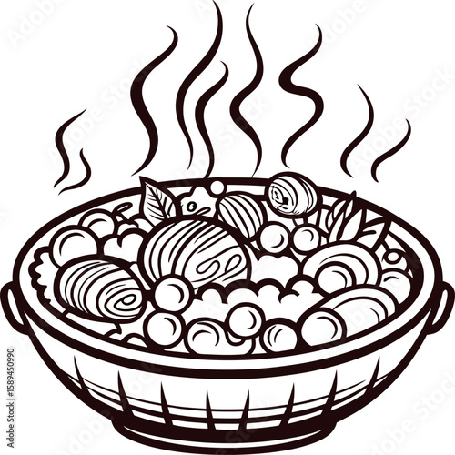 Hand drawn bowl of hot noodle soup with steam and vegetables isolated on white background illustration