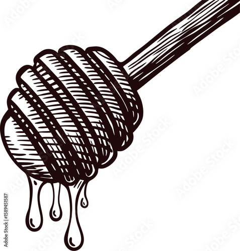 Hand drawn honey dipper with dripping honey vintage engraved illustration in black and white