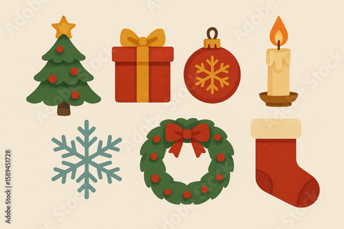 Vibrant Holiday Icons Set Featuring Tree, Gift, Ornament, Candle, and More