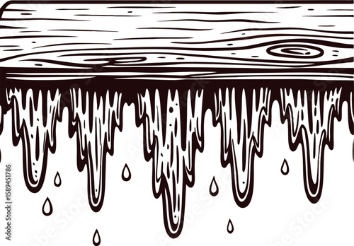 Hand drawn melting wooden plank with dripping drops vintage engraving isolated illustration