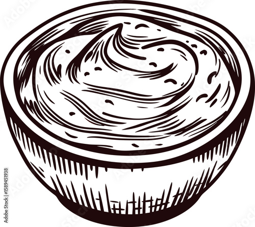 Hand drawn bowl of creamy dip or sauce in vintage engraving isolated on white background