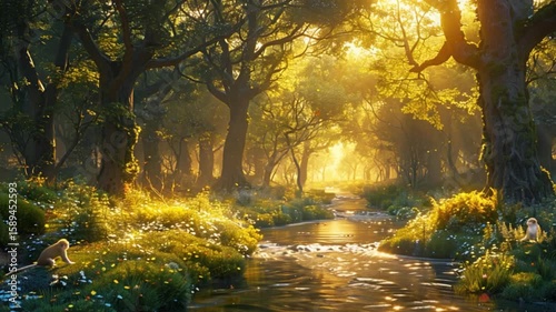The tranquil forest is bathed in gentle golden sunlight