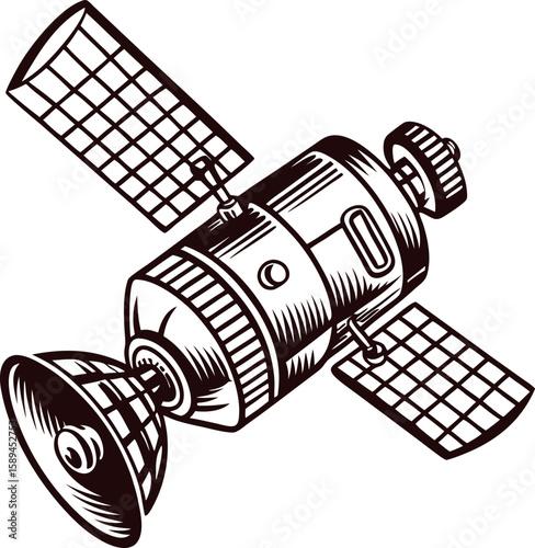 Hand drawn illustration of an artificial satellite with solar panels in retro engraved isolated on white