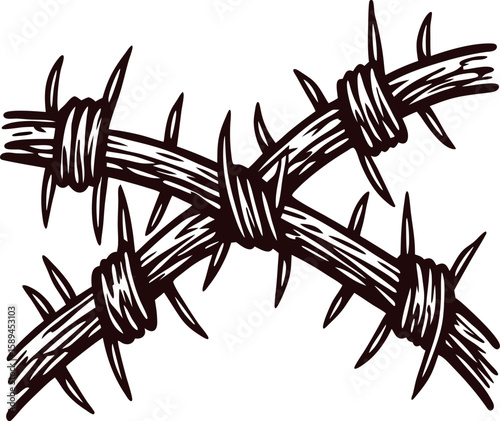 Hand drawn sketch of twisted barbed wire with sharp spikes and knots on white background