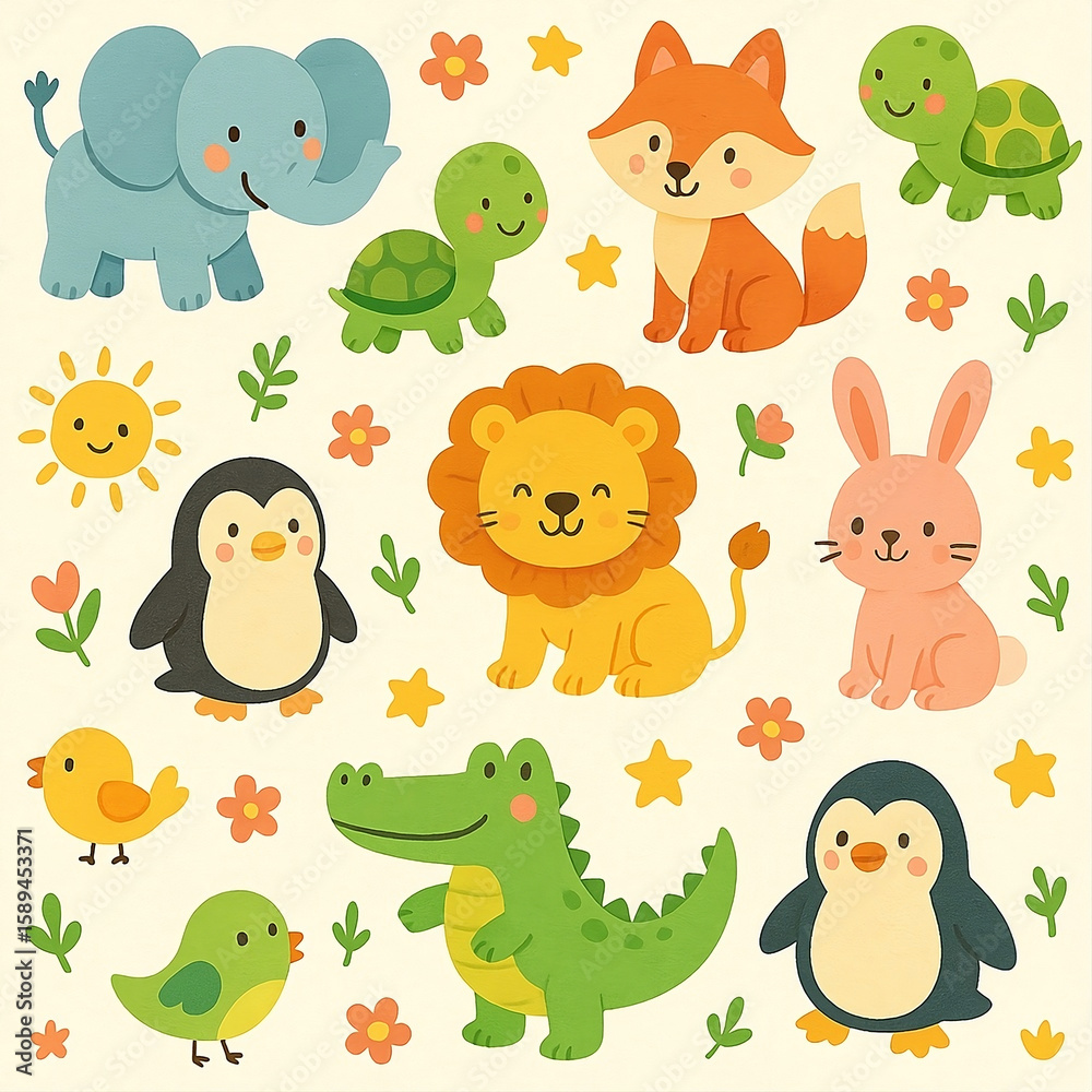 Illustration perfect for childrens books, educational materials, and wildlife themed designs. Features animals and birds in a cute style.