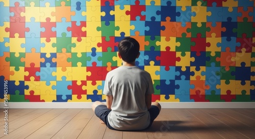A child sits facing away from the camera, looking at a vibrant wall covered in colorful autism puzzle pieces