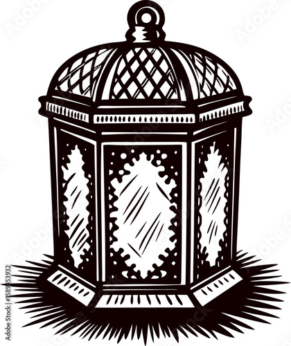 Intricate vintage lantern illustration with ornate metalwork design and detailed patterns on white background