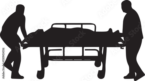 Print Two medical professionals transporting a patient on a gurney silhouette