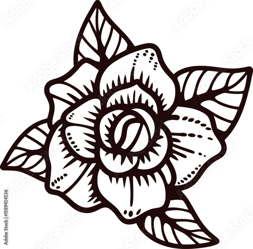 Hand drawn vintage rose flower with leaves tattoo design, bold lines and traditional illustration