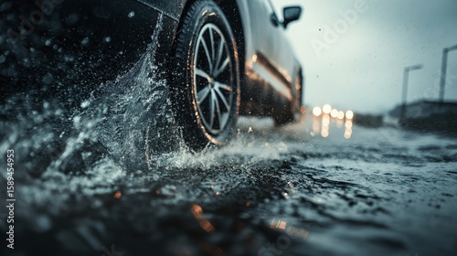 A car driving through a flooded road, splashing water