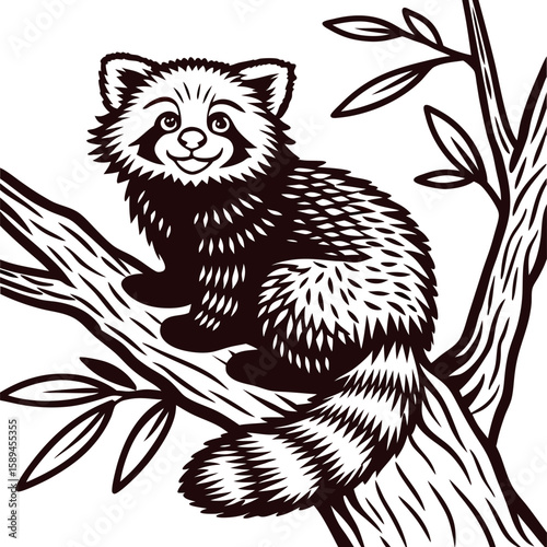 Detailed black and white illustration of a red panda perched on tree branches, bushy tail curled, foliage background