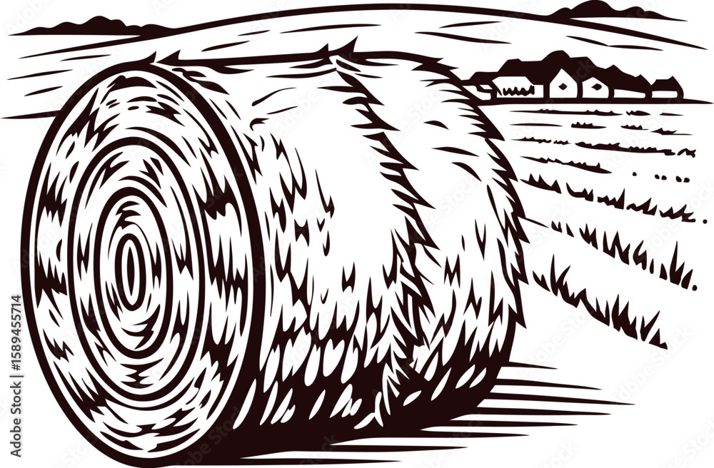 Fototapeta premium Engraved sketch of round hay bale in rural field with barns and mountains in background