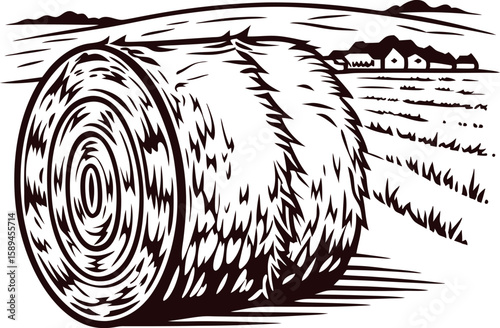 Engraved sketch of round hay bale in rural field with barns and mountains in background