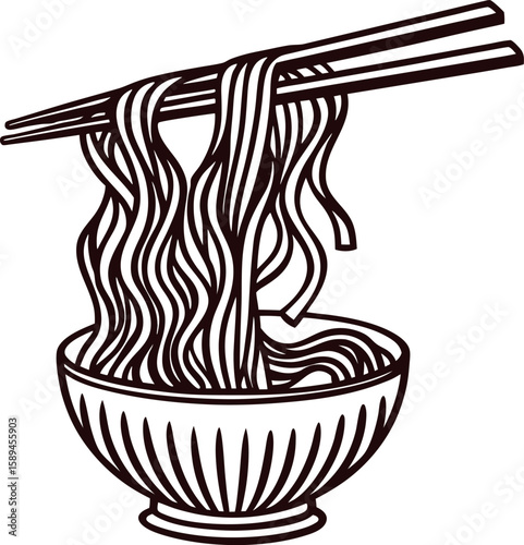 Chopsticks lifting noodles from bowl line art hand drawn asian cuisine illustration showing traditional meal concept