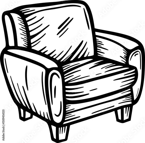 Vintage hand drawn armchair illustration in black and white sketch on white background