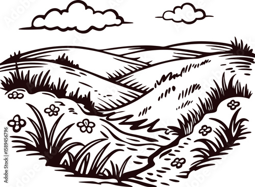 Hand drawn rolling countryside hills with grass and wildflowers under cloudy sky, vintage engraving