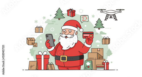 Santa Claus online shopping outline vector red green e-commerce