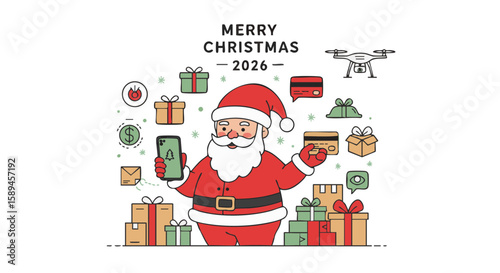 Santa Claus online shopping outline vector red green e-commerce
