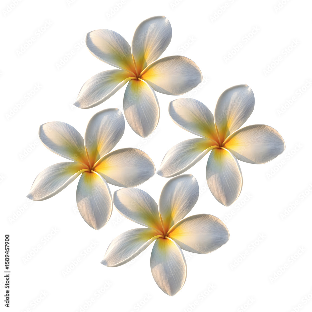Naklejka premium Four white plumeria flowers with yellow centers isolated on transparent background
