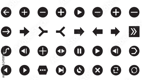 Set of black and white multimedia icons for user interface and design elements