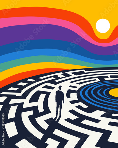 Abstract vector illustration depicting a person in a maze against a colorful rainbow and sun backdrop Represents choice and life journey