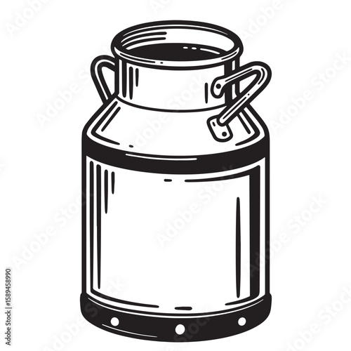 A black and white illustration of a vintage milk jug container often used for transporting fresh milk products