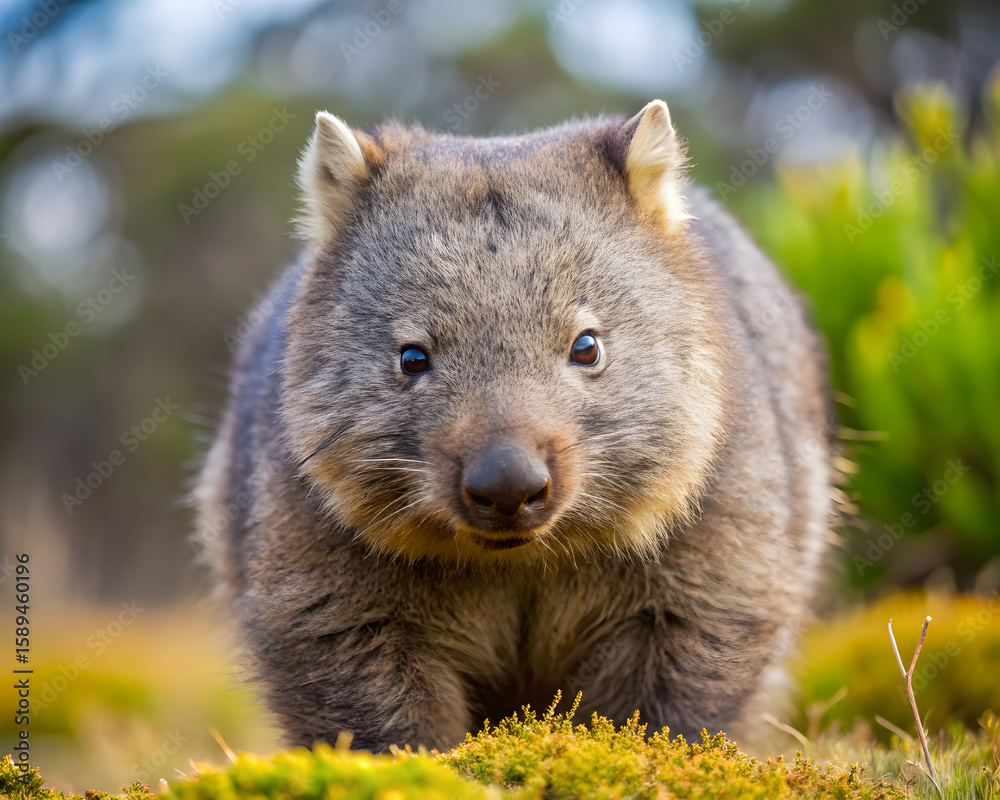Fototapeta premium Common wombat resting in grassy woodland