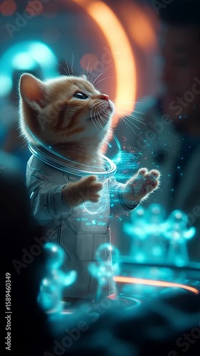 Cosmic Explorer: An adorable kitten astronaut, embarking on an interstellar adventure, bathed in the futuristic glow of a spaceship's control panel, charting a course for exploration and discovery.