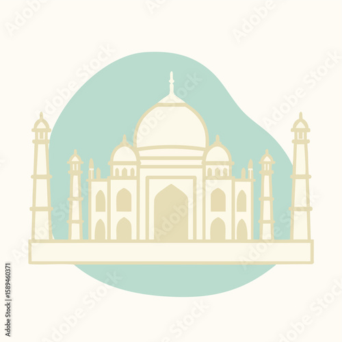 Elegant minimalist vector of the Taj Mahal with soft pastel colors and abstract background shape. A famous architectural wonder ideal for travel, history, or cultural topics. 