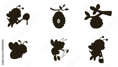 Cute cartoon bee silhouettes engaged in various activities like eating honey reading and carrying a basket