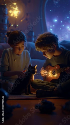 Musical Serenity: A young boy strums a guitar while a girl caresses a black cat, bathed in the soft glow of fairy lights. A tranquil scene perfect for children or family friendly projects. 